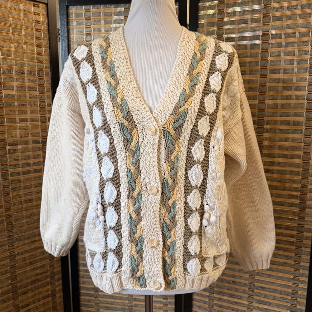 Eddie Bauer Cardigan Sweater Womens Medium Cream Vintage 90s Cotton Cable Knit